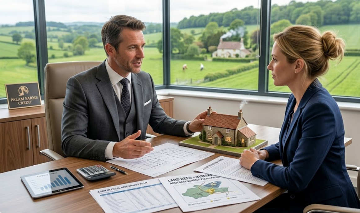 A bank manager discussing a loan against property document.