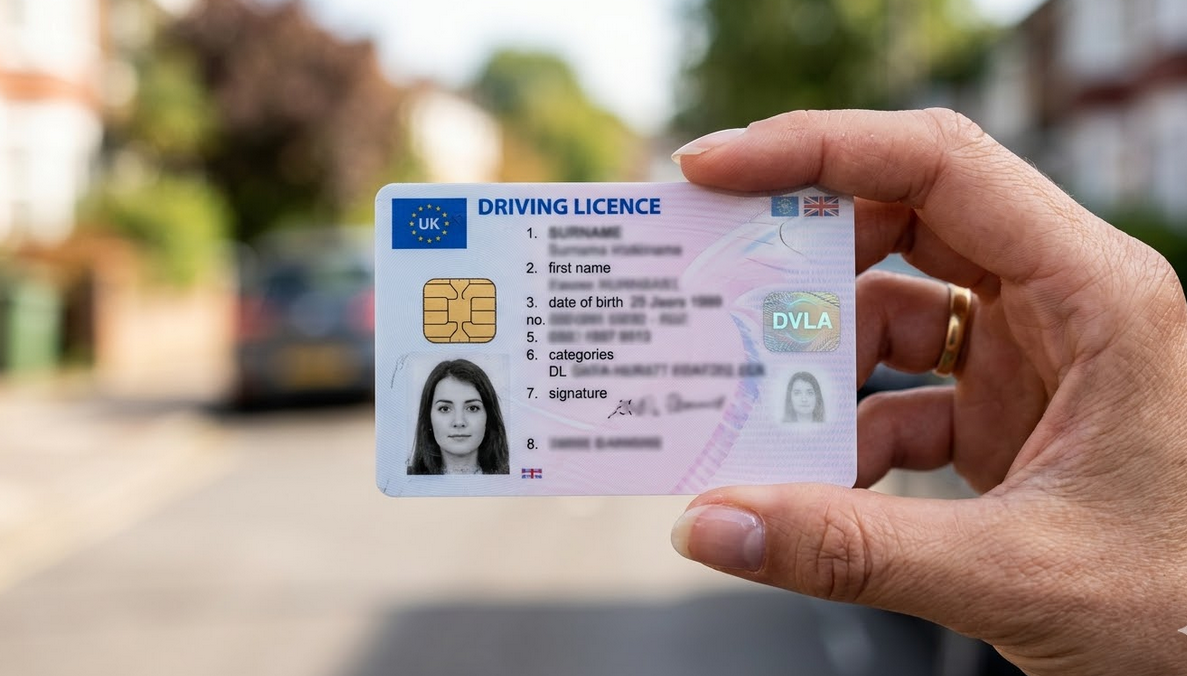 A hand holding a newly issued smart card Permanent Driving Licence.