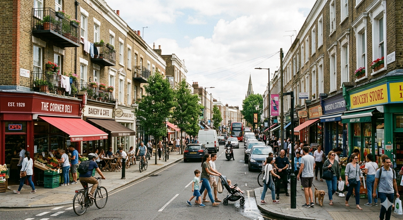 A busy street view of Dharam Colony with residential floors and local shops.