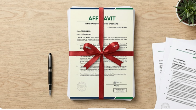 A stack of affidavits and evidence documents tied with a ribbon.