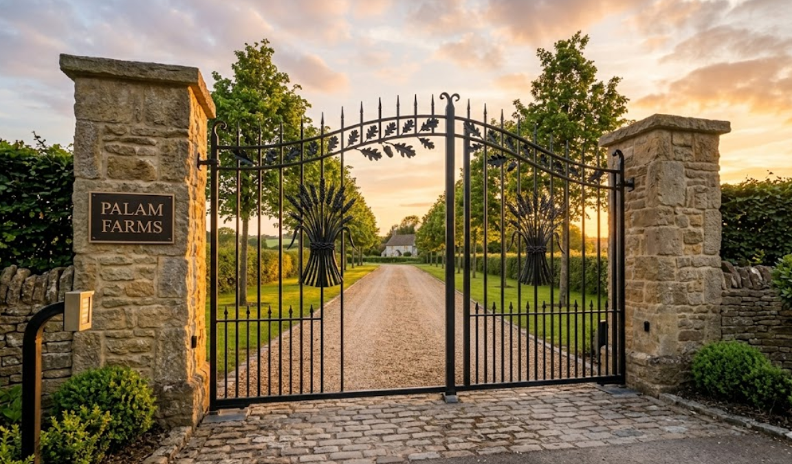 A grand iron gate entrance to a farmhouse in Ansal Palam Farms