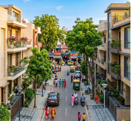 A residential street in Ashok Vihar with builder floors.