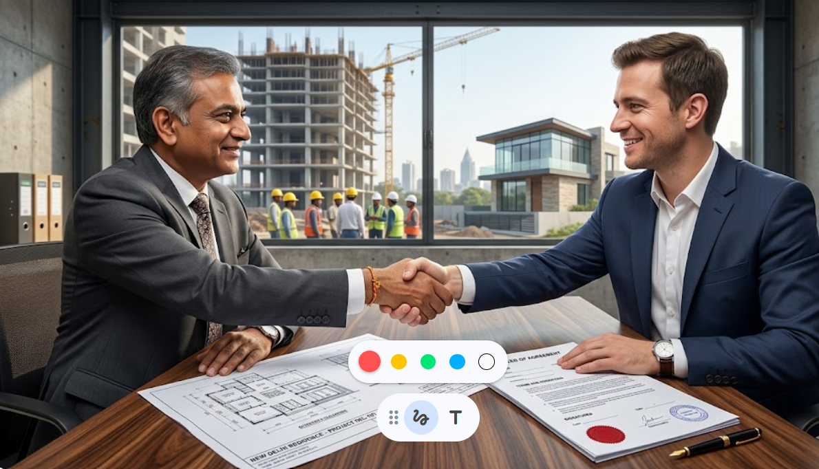 A landowner and a builder shaking hands over a building blueprint.