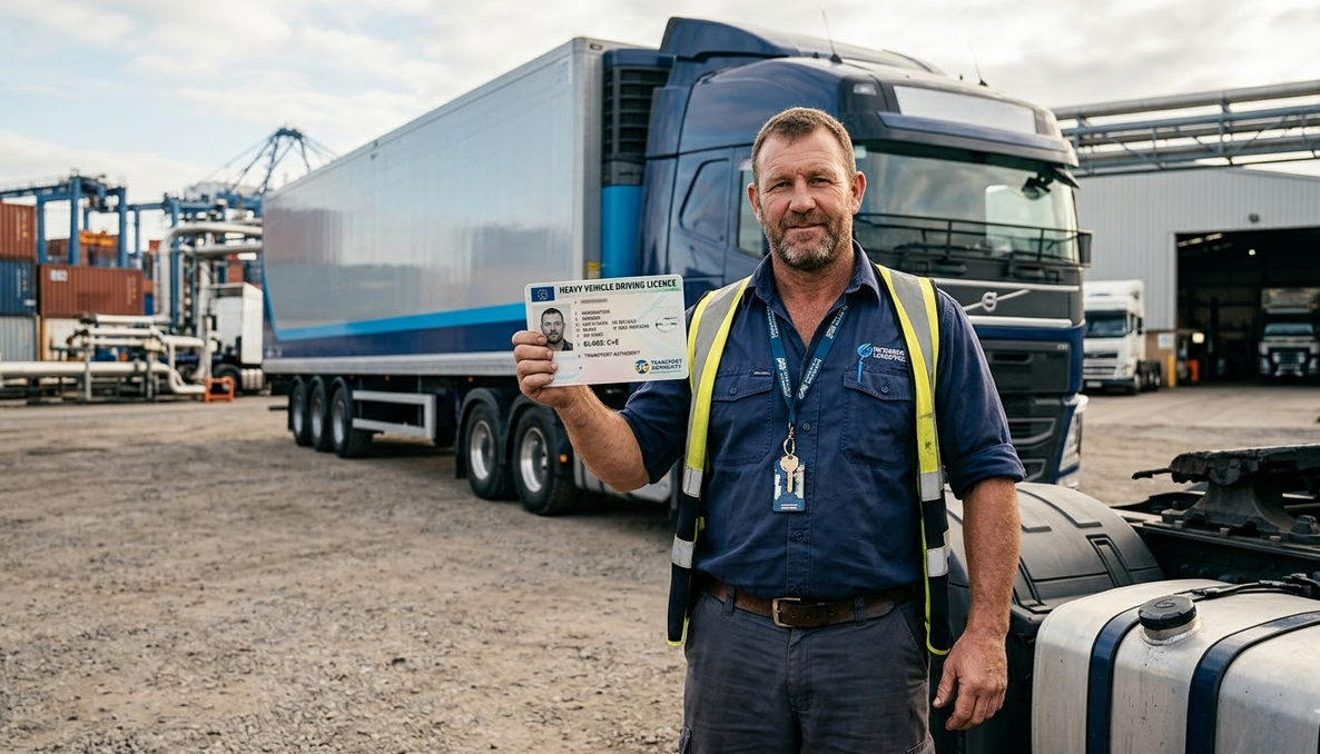 A professional truck driver holding a commercial driving licence.