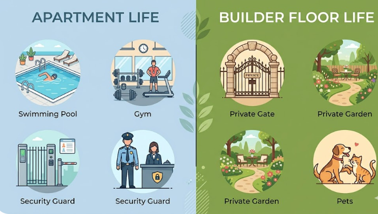 A graphic comparing apartment amenities with builder floor privacy.