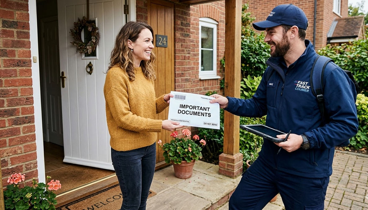 A courier executive handing over an envelope containing a driving licence