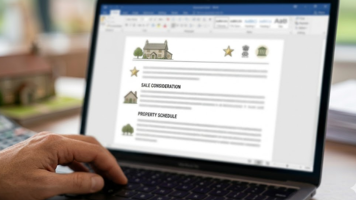 A close up of a laptop screen showing legal text of a Sale Deed being typed.