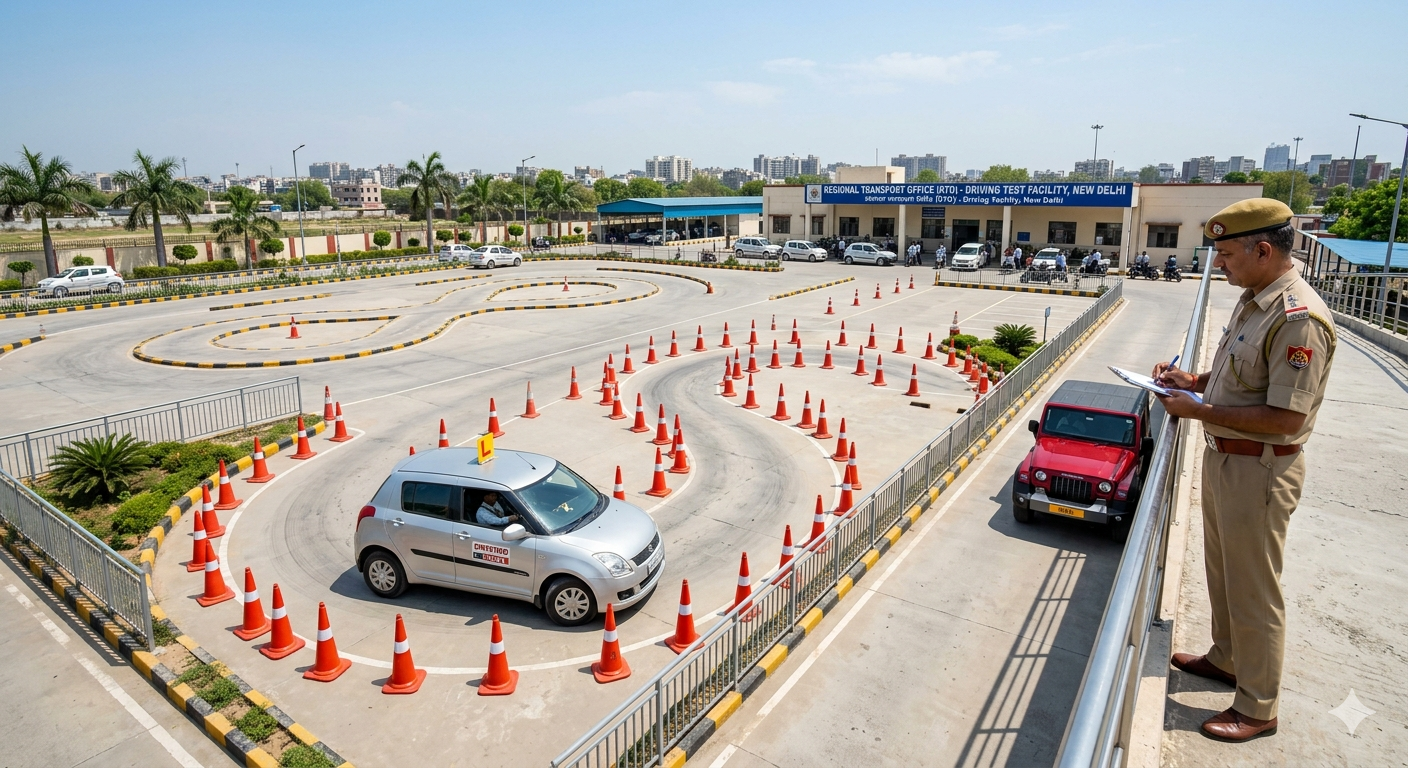 A driving test track with cars and cones for the permanent licence test.