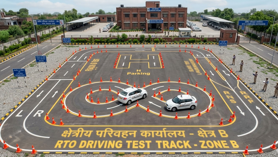 An aerial view of a driving test track with cones and a car.