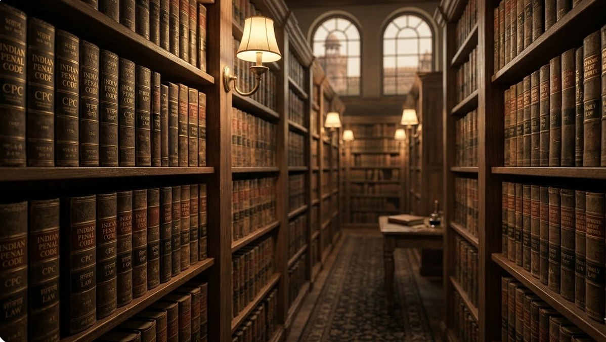 Rows of legal law books on a shelf in a library representing deep expertise.