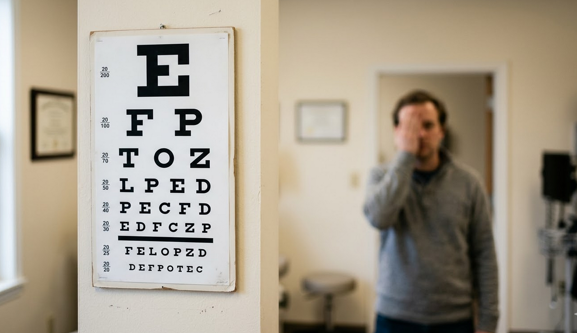 A Snellen eye chart used for medical fitness tests.
