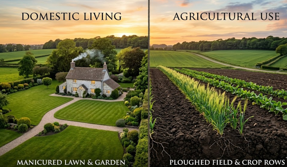 A split image showing a farm plot with a house on one side and a crop field on the other.