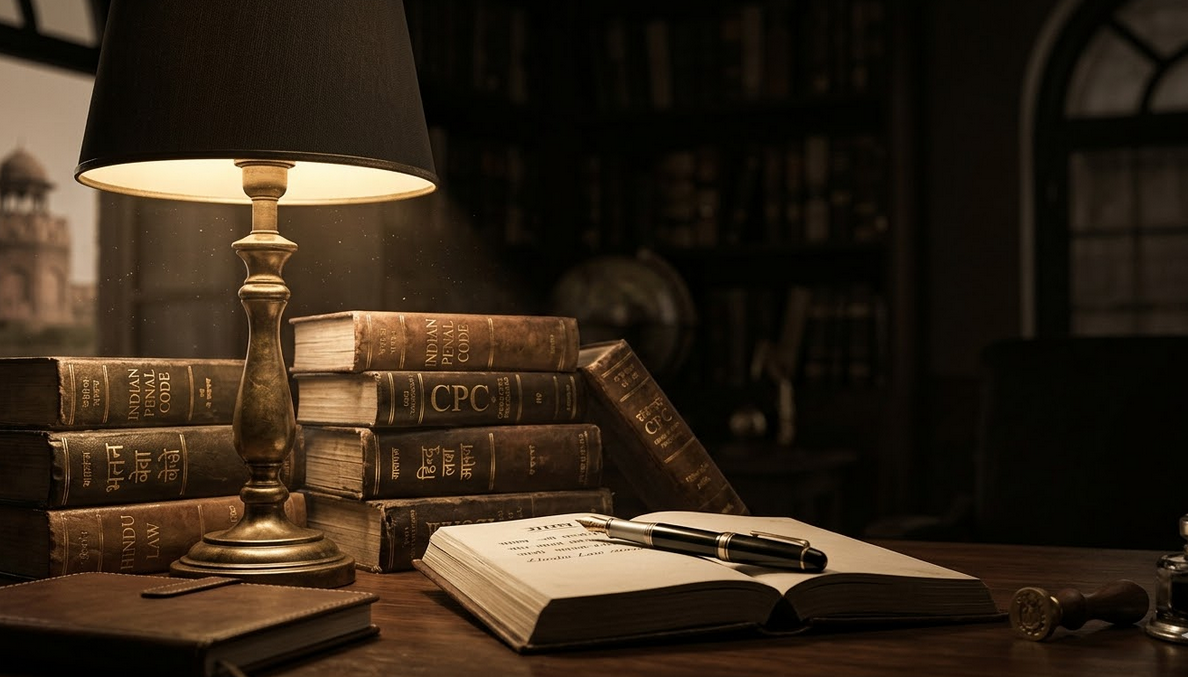 A nostalgic black and white or sepia toned image of a desk with legal books and a lamp representing the founding days.