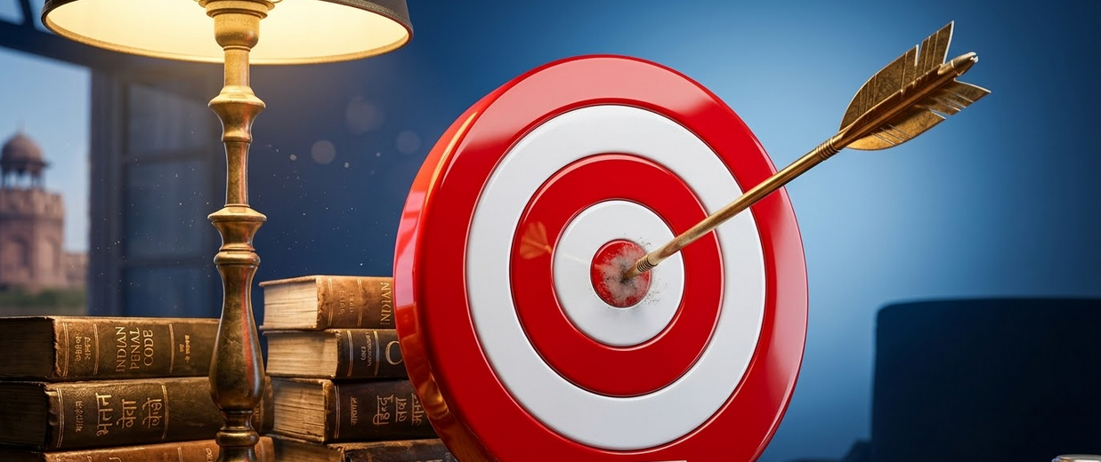 A 3D render of a glossy red and white bullseye target. A metallic golden arrow has just hit the center. The background is a clean, abstract gradient of blue. Sharp focus, high detail."