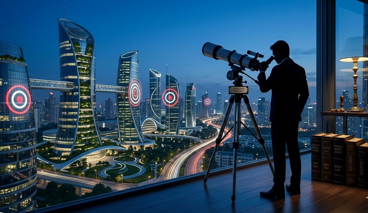 A silhouette of a professional standing on a balcony, looking out through a large telescope at a futuristic, brightly lit city skyline at twilight. Represents vision and future. Cinematic lighting."