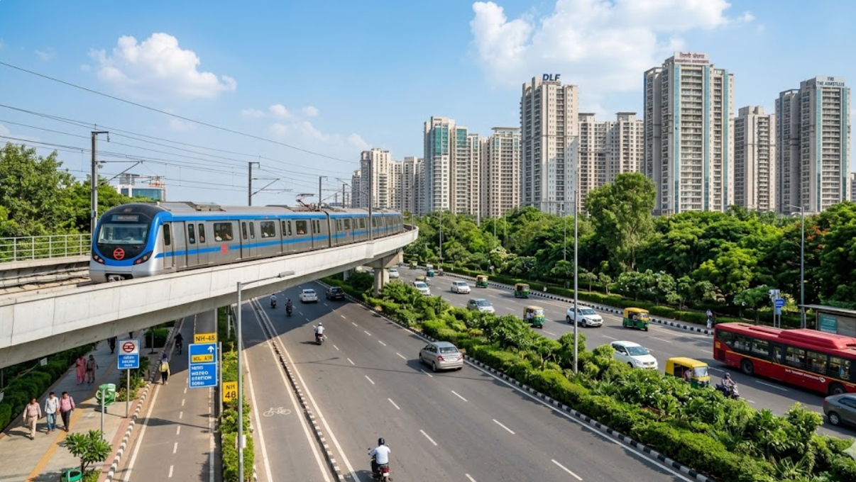 A metro train line running parallel to a modern expressway.