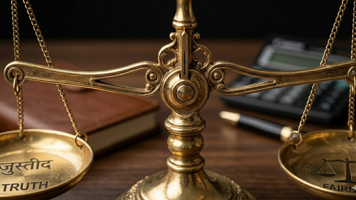 A close up of a golden scale of justice balanced perfectly representing integrity