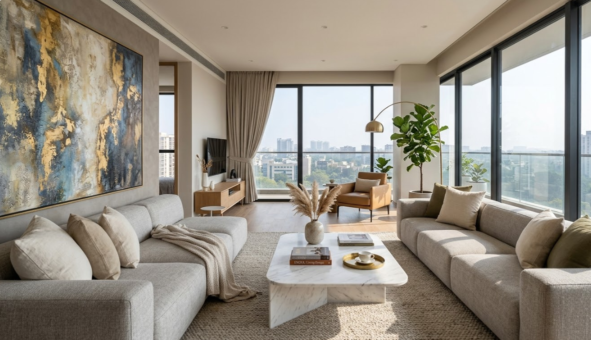 Modern living room interior with stylish furniture and bright lighting.