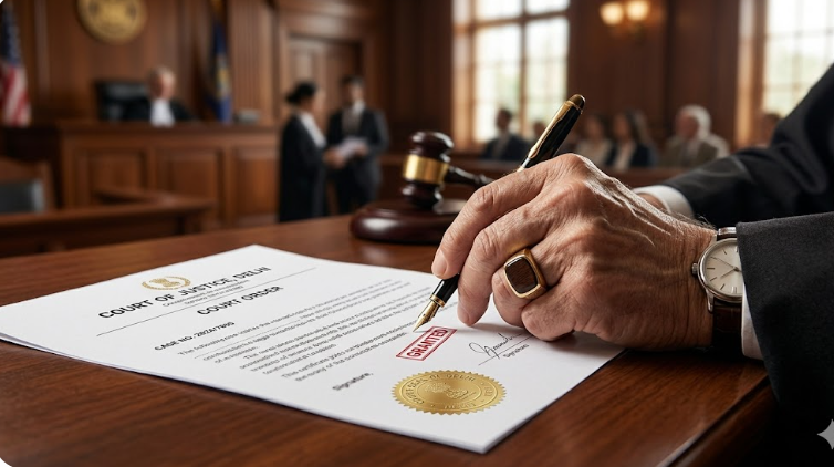 A judge signing a decree paper in a courtroom.