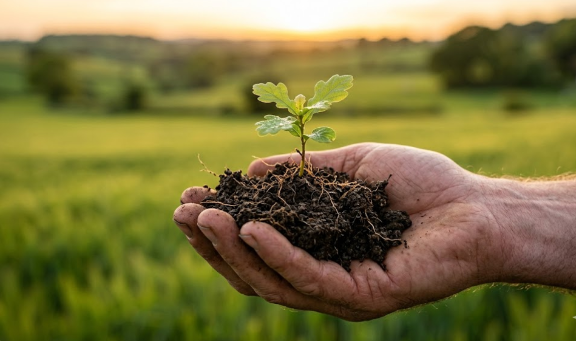 A hand holding soil with a small plant, symbolizing land investment growth.