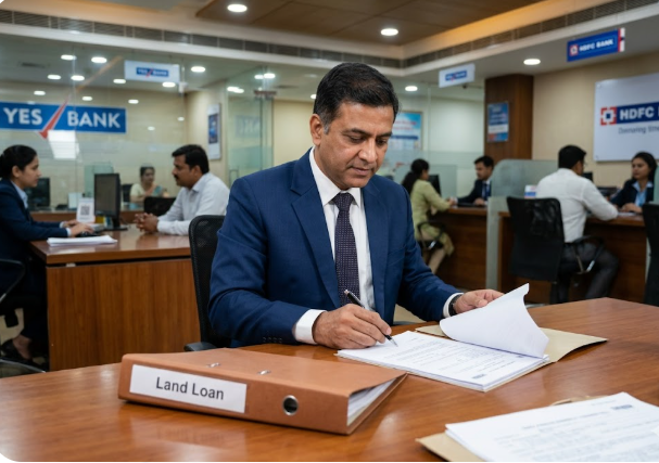 A bank manager approving a loan file for land.