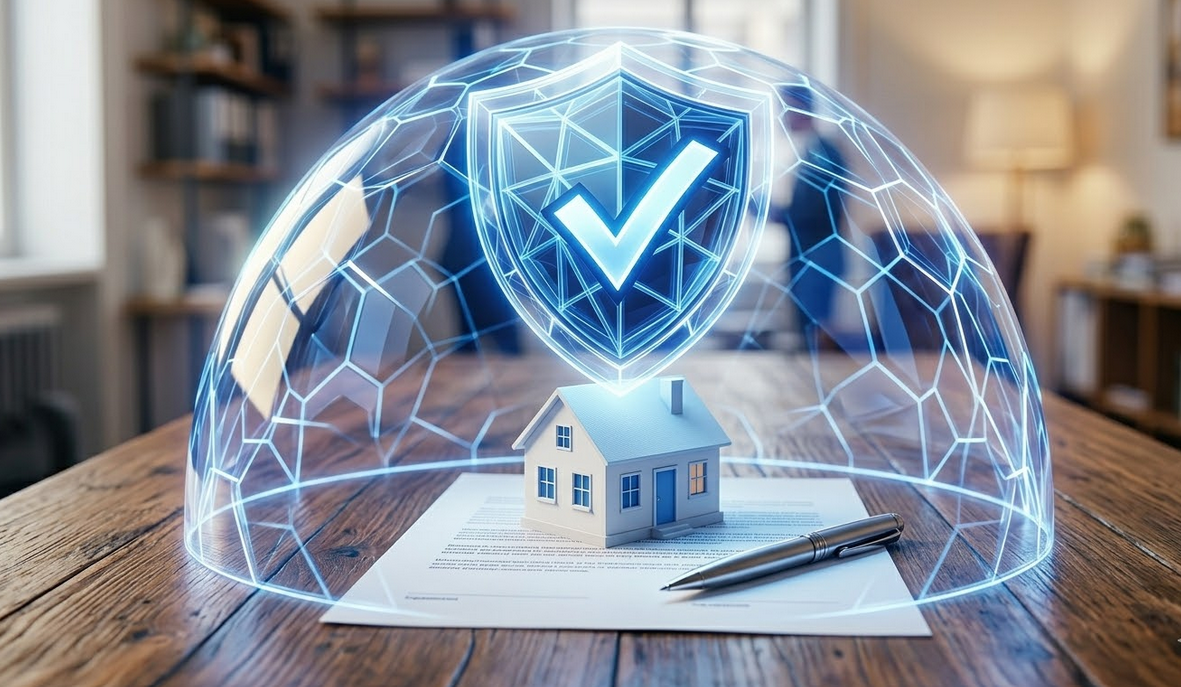 A shield icon protecting a house and documents.