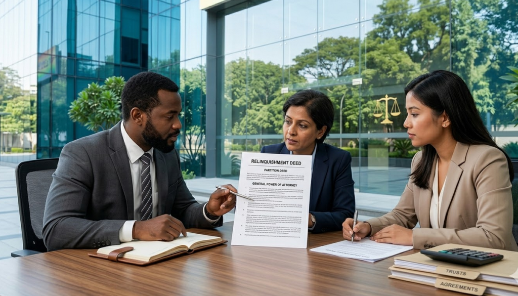 A team of lawyers reviewing a legal document together in a conference room.