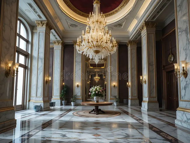 A grand marble lobby of a luxury residential apartment building.