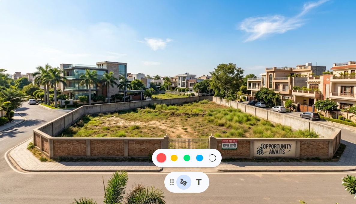 A vacant residential plot of land with green surroundings and a boundary wall.