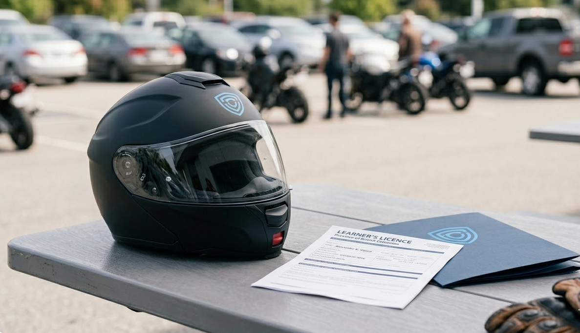 A motorcycle helmet resting on a Learner's Licence document.