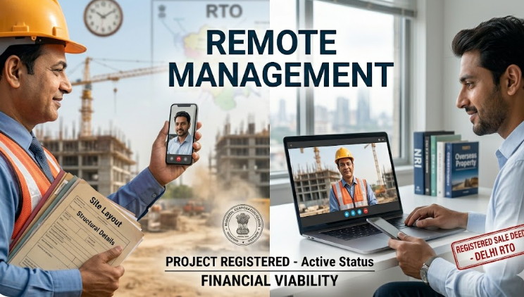 A consultant on a video call with an NRI client showing a construction site.