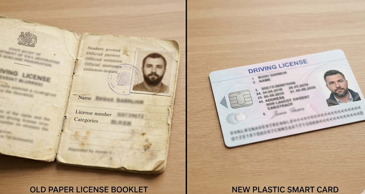 An old paper driving licence booklet versus a new smart card