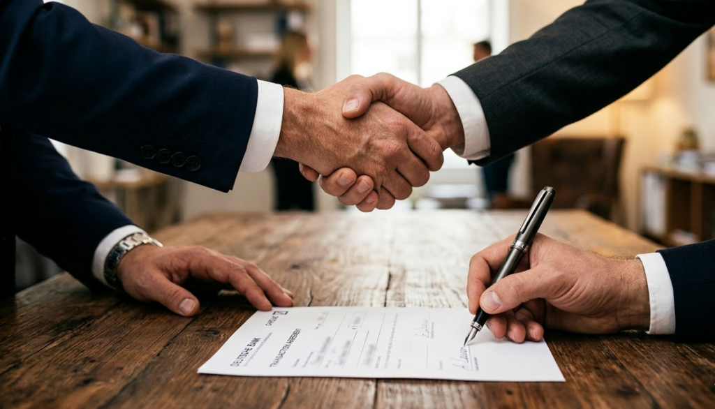 A handshake over a table with money or bank transfer documents.