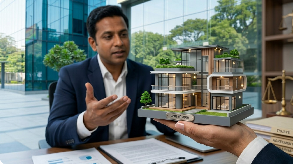 A real estate consultant showing a miniature model house to a client.