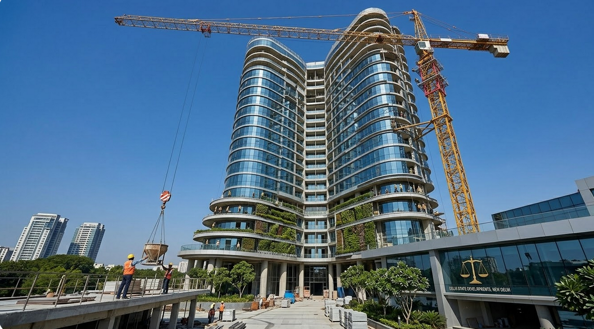 A high rise building under construction with a crane against a blue sky.