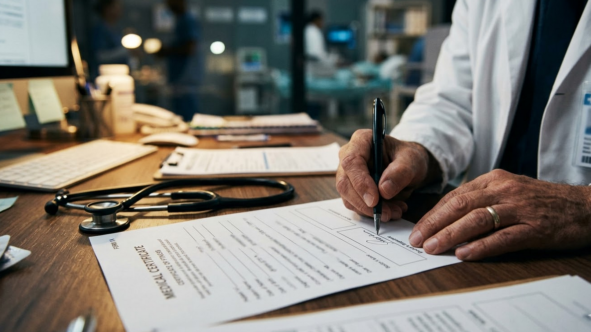 A doctor signing a medical certificate for driving licence renewal.