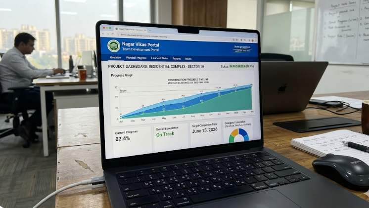 A laptop screen showing the RERA project update dashboard.