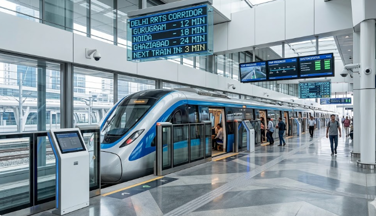 A modern Namo Bharat RRTS train station platform.