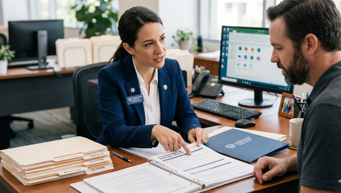 A consultant explaining RTO forms and procedures to a client at a desk.