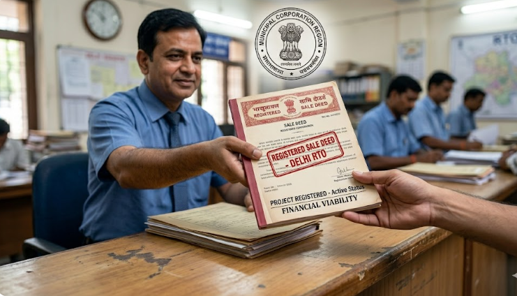 A Sale Deed being registered at the Sub Registrar office.