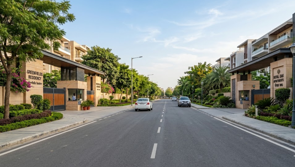 A street view of Sector 106 Gurgaon with modern residential complexes.