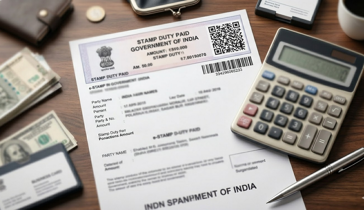 A calculator and an e-stamp paper receipt.