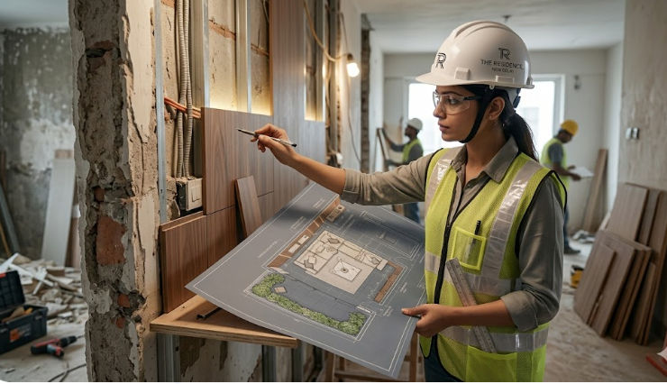 An engineer checking a building plan against a wall.