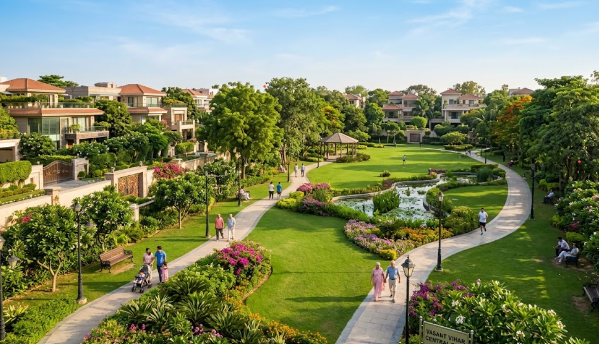 A well maintained central park in Ansal Sushant Lok Gurgaon.