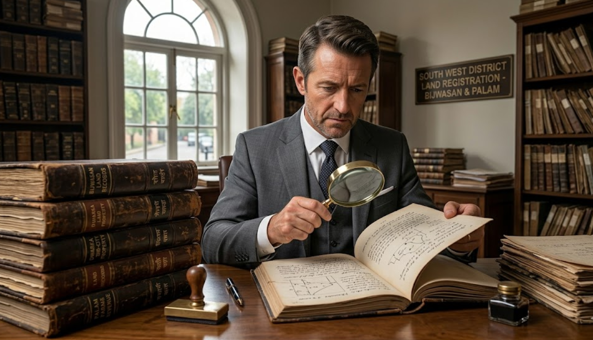 A lawyer reviewing a chain of old property documents and land records.