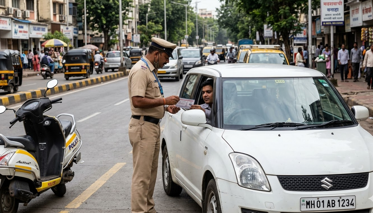 A traffic police officer checking a driver's documents at a checkpoint.