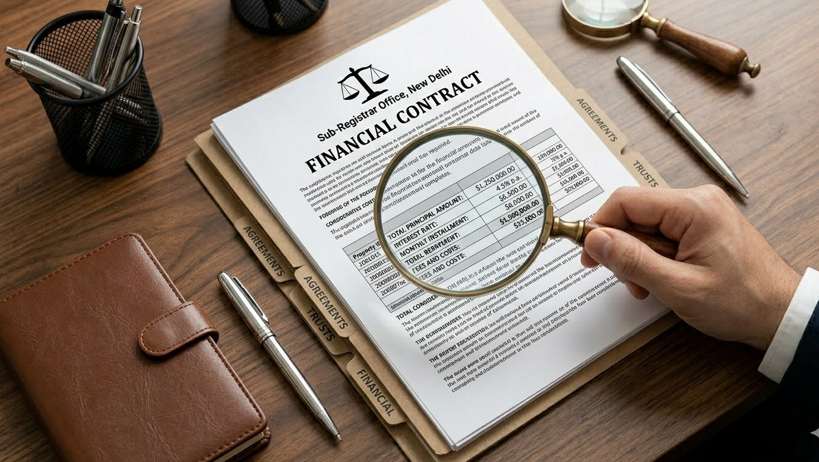 A hand holding a magnifying glass over a legal contract showing clear text and pricing.
